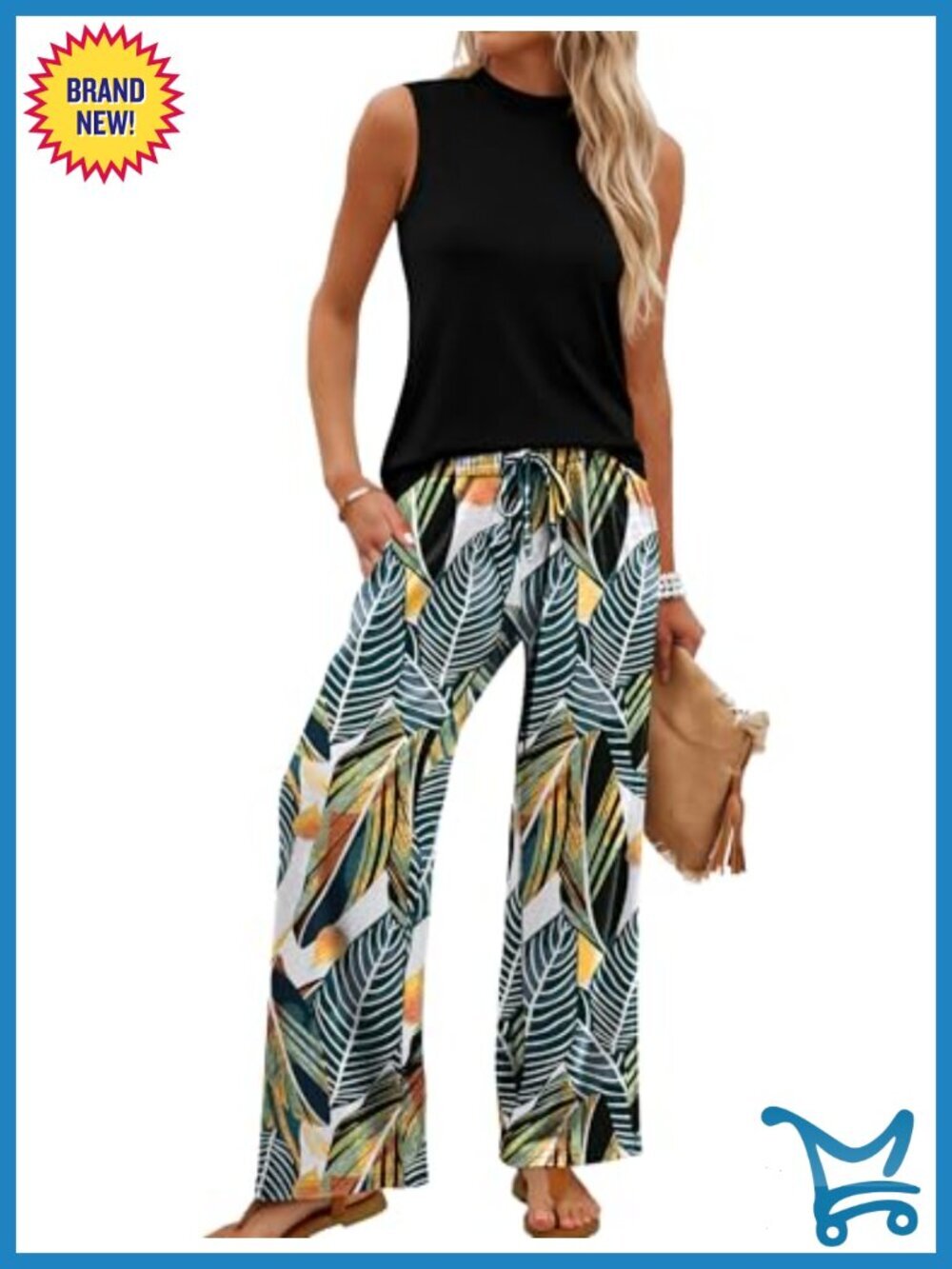 Two Piece Set Mock Neck Sleeveless Top Wide Leg Pants Women Spring Summer Travel